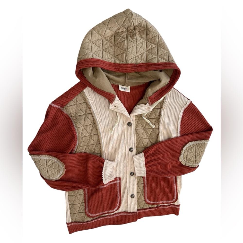 New BiBi Women’s Thermal Quilted Waffle Sweater Patchwork Shacket Jacket Size SM - Picture 4 of 16